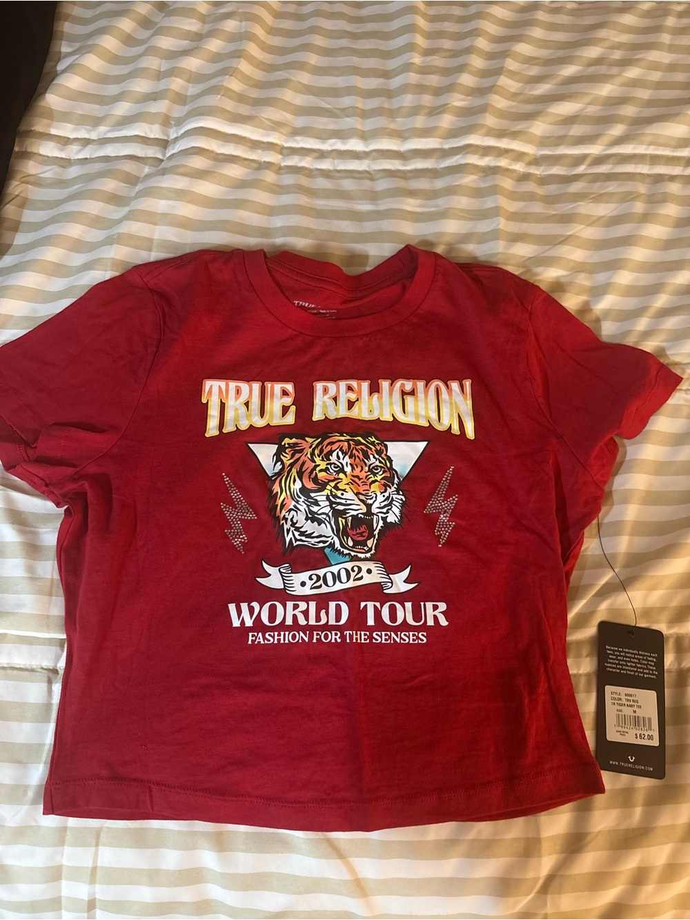 True Religion Red  Graphic Tee with Tiger World Tour Print